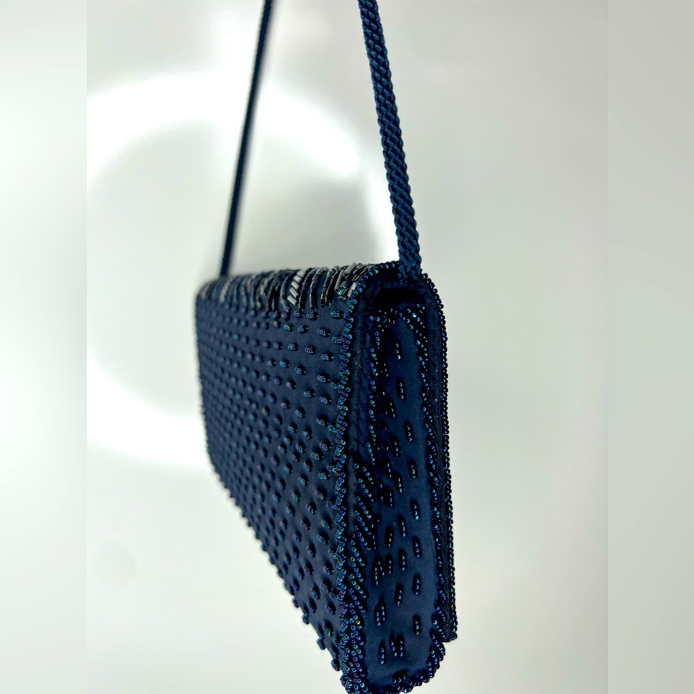 Vintage 1960s Genie Cross Body Beaded Purse Black/Navy Blue/Silver Evening Bag - Picture 8 of 16